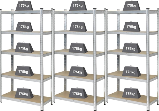 Picture of Basetech Basetech 2142910 Reol til tunge genstande 175 kg sæt med 3 stk. (B x H x T) 900 x 1800 x 400 mm GS Metal, MDF Trægulv Forzinket, Sølv