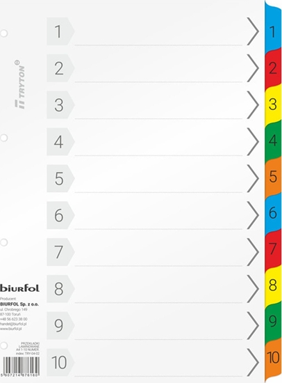 Picture of Biurfol Przekadki kartonowe Biurfol A4 1-10 numeryczne