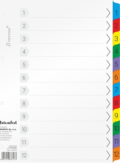 Picture of Biurfol Przekadki kartonowe Biurfol A4 1-12 numeryczne