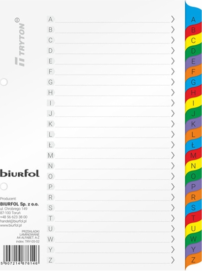 Picture of Biurfol Przekadki kartonowe Biurfol A5 A-Z alfabetyczne