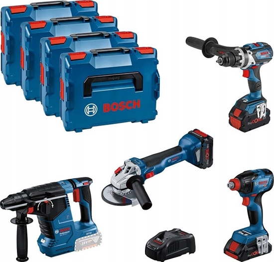 Изображение Bosch Professional 18V System Combo Kit: GSR 18V-110 C + GDX 18V-210 C + GWS 18V-10 + GBH 18V-24 C (incl. 2x ProCORE 5 batteries.