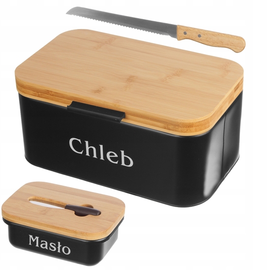 Picture of CHLEBAK METALOWY CZARNY Z DESK DO KROJENIA + MASELNICZKA + NÓ BRUNBESTE BB-2777