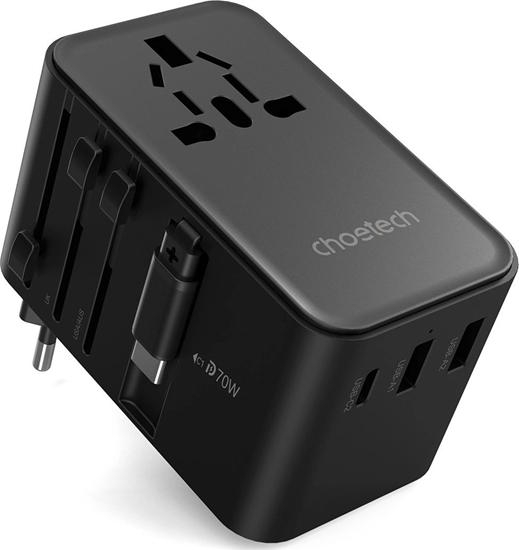 Picture of Choetech Adapter podróny Choetech PD5022 70W EU / US / AUS / UK z wbudowanym kablem USB-C - czarny