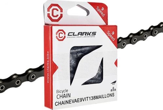Изображение Clarks acuch rowerowy CLARKS C9E, 9-rzdowy,138 ogniw, Spinka, Niklowany, Do rowerów elektrycznych E-BIKE, Ciemny (NEW 2025)