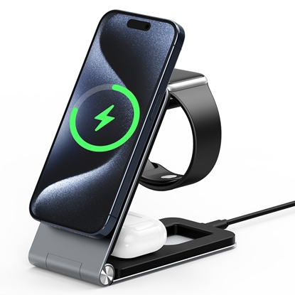 Attēls no Duzzona W22 3-in-1 MagSafe Bezvadu Lādētājs Saliekams Statīvs - Telefona Viedā pulksteņa un austiņu Pelēks