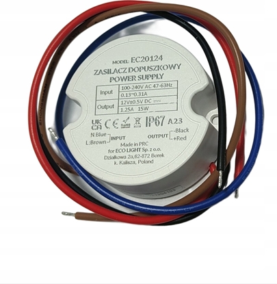 Attēls no ECOLIGHT2 ZASILACZ DO PUSZKI 1,25A 15W 12V IP67 50x50x22 EC20124