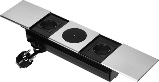 Изображение Gniazdo meblowe z przesuwn pokryw, 2x2P+Z (Schuko), adowarka bezprzewodowa, srebrne