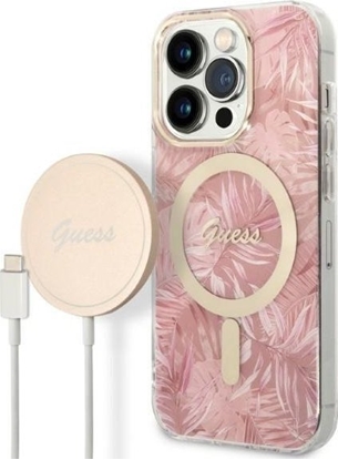Изображение Guess Zestaw Guess GUBPP14LHJEACSP Case+ Charger iPhone 14 Pro 6,1" róowy/pink hard case Jungle MagSafe NoSize
