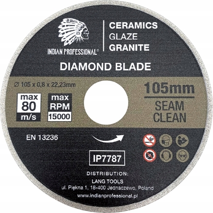 Изображение INDIAN PROFESSIONAL TARCZA DIAMENTOWA 105mm x 0,8mm x 22,2mm SEAM CLEAN DO FUG  /INDIAN PROFESSIONAL