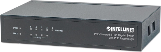 Picture of Intellinet 5-Port Gigabit Switch with PoE Passthrough, 4 x PSE PoE ports, 1 x PD PoE port, IEEE 802.3at/af Power-over-Ethernet (PoE+/PoE), IEEE 802.3az Energy Efficient Ethernet, Desktop