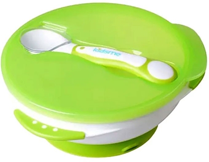 Изображение Kidsme bowl with suction cup lid and thermo spoon Lime from 9 months 9832LI