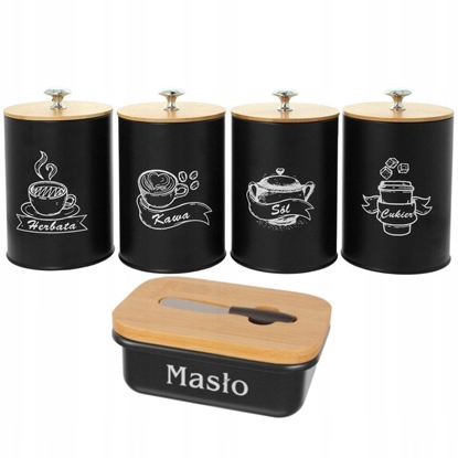 Picture of KOMPLET 5 POJEMNIKÓW KAWA HERBATA CUKIER SÓL + MASELNICZKA 15X11CM BRUNBESTE BB-2690 (NAPISY PL)