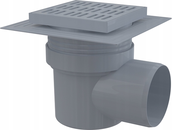 Picture of Kratka ciekowa 150×150/110 mm odpyw boczny, kratka szara, dwa poziomy izolacji, syfon mokry