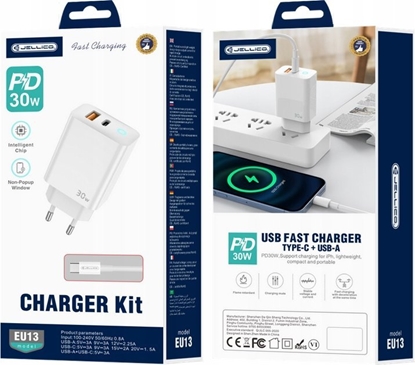 Attēls no adowarka Jellico JELLICO adowarka sieciowa EU13 GaN PD 30W 1xUSB-C + 1xUSB QC3.0 + kabel USB-C - USB-C Biay