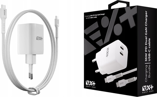 Picture of adowarka NEXT ONE NEXT ONE adowarka sieciowa Fast 35W GaN 2xUSB-C z kablem USB-C white
