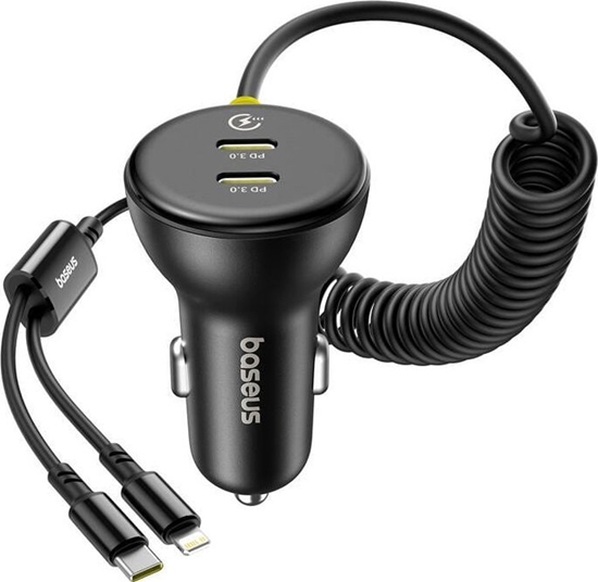 Picture of adowarka samochodowa Baseus 60W 2xUSB-C + wbudowany kabel USB-C, Lightning (Czarna)