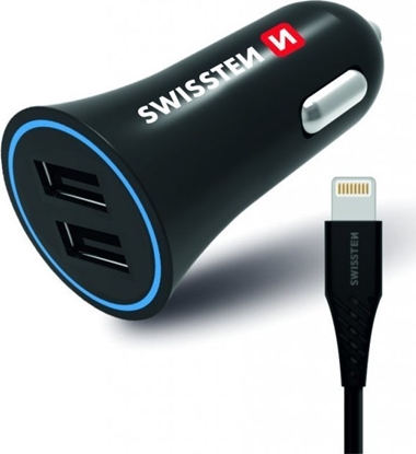 Изображение adowarka samochodowa SWISSTEN 12W, 2-portowy, USB-A, kabel Lighting MFi