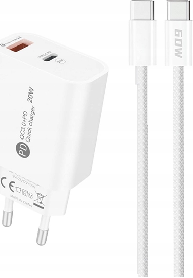 Picture of adowarka sieciowa A6MaxL 20W USB-A USB-C z kablem USB-C - USB-C 1m - biaa