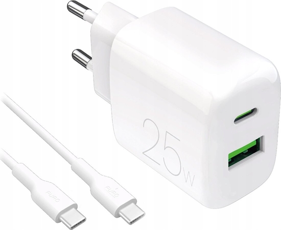 Picture of adowarka sieciowa Puro PROLITE 25W USB-A / USB-C + kabel USB-C - USB-C 1.2m - biaa