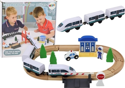 Изображение LeanToys Drewniany Tor Kolejowy Pocig Kolejka Tory Akcesoria Most Policja 3,2m