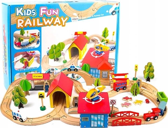 Изображение LeanToys Tor samochodowy Kolejka, autka, drzewa, budynki, helikopter  (9835-uniw)