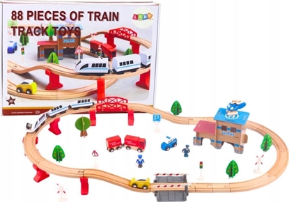 Изображение LeanToys Zestaw Pocig Tory Kolejka Drewniana Auta Budynki 88 El