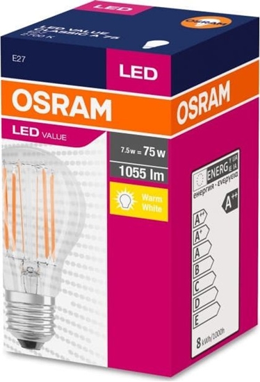 Picture of Ledvance OSRAM LED Filament VALUE ClasA 230V 8W 827 E27 noDIM A++ Szko przezroczyste 1055lm 2700K 10000h (krabika 1ks)