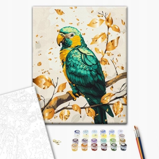 Изображение Malowanie po numerach BRUSHME, 40x50 cm, gold, szmaragdowa papuga, 1 szt., w pudeku