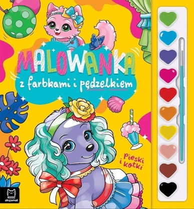 Изображение Malowanka z farbkami i pdzelkiem. Pieski i kotki