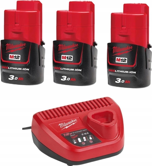 Изображение Milwaukee Zestaw 3 akumulatorów M12, Li-ion 12 V, 3.0 Ah + adowarka (4933459207)