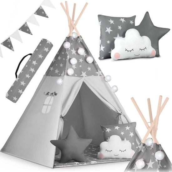 Picture of Namiot tipi dla dzieci z girland i wiatekami Nukido - szare w gwiazdki