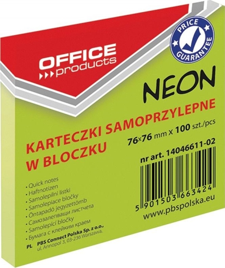 Picture of Office Products NOTES SAMOPRZYLEPNY OFFICE PRODUCTS 76X76MM NEON ZIELONY