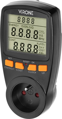 Picture of Orno Dwutaryfowy watomierz, kalkulator energii z wywietlaczem LCD, 2 oddzielne taryfy, wewntrzny akumulator, czarny