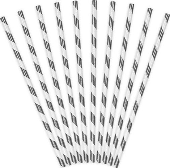 Изображение Party Deco Somki papierowe do picia w paski, srebrne, 19,5cm, 10 szt. uniwersalny