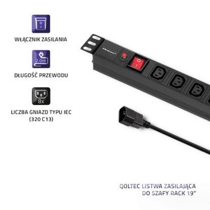 Attēls no PDU Qoltec power strip for RACK 19" | 1U | 10A | CB | 8xIEC C13 | 2m