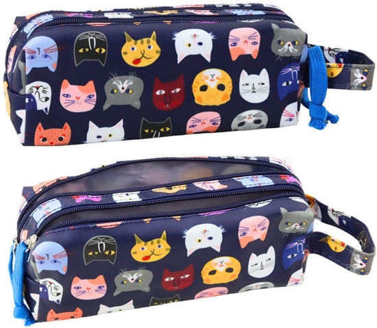 Picture of Piórnik Szkolny Kolorowe Kotki Dwie Kieszenie Granatowy 22cm LEAN