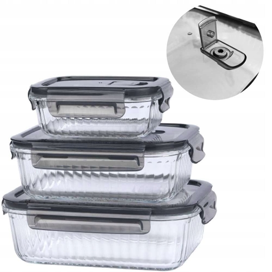 Picture of POJEMNIK SZKLANY 1000/400 ML ZESTAW PROSTOKT RYFOWANE SZARE