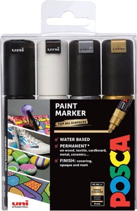 Picture of Posca Posca - PC8K - Broad Tip Pen - Gold, Silver, Black and White, 4 pc