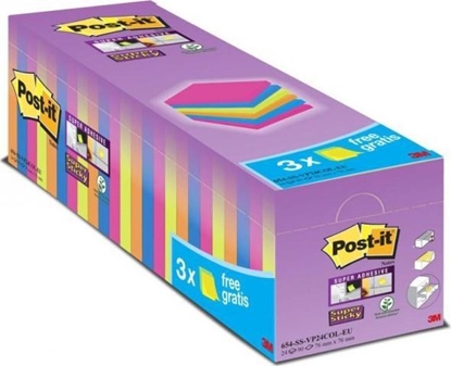 Attēls no Post-It 3M Karteczki Samoprzylepne Post-it_ Super Sticky _21 bloczków + 3 GRATIS, kady po 90 kolorowych karteczek 76x76mm_654-SS-VP24COL 3