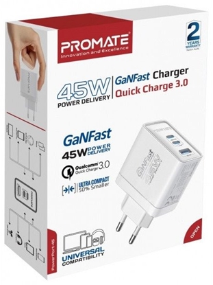 Attēls no Promate PowerPort-45 GaNFast Wall Charger 45W / QC3.0 / PD45W
