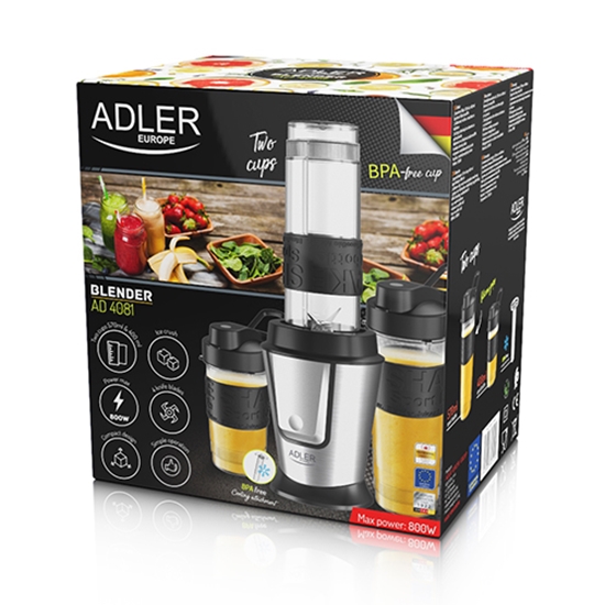 Picture of Adler Blender AD 4081 Tabletop, 800 W, Jar material BPA Free Plastic, Jar capacity 0.57 and 0.4 L, Ice crushing, Black/Stainless steel