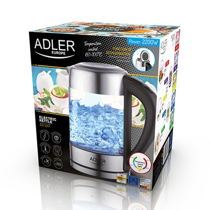 Изображение Adler Kettle AD 1247 NEW With electronic control, 1850 - 2200 W, 1.7 L, Stainless steel, glass, Stainless steel/Transparent, 360° rotational base