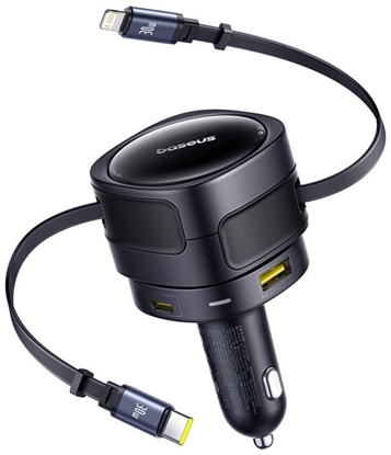 Изображение adowarka samochodowa Baseus Enjoyment Max z kablami USB-C+Lightning i portami USB-A+USB-C 90W Czarny