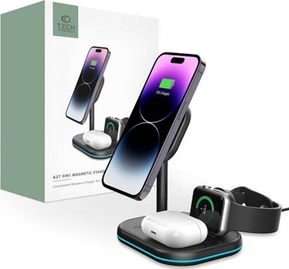 Picture of adowarka Tech-Protect adowarka bezprzewodowa Tech-Protect QI15W-A27 3in1 Magnetic MagSafe Wireless Charger Black