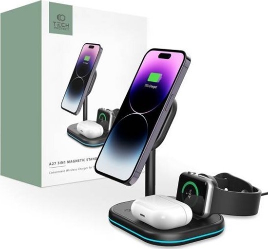 Picture of adowarka Tech-Protect adowarka bezprzewodowa Tech-Protect QI15W-A27 3in1 Magnetic MagSafe Wireless Charger Black