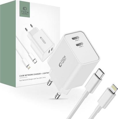 Picture of adowarka Tech-Protect TECH-PROTECT C35W 2-PORT NETWORK CHARGER PD35W + LIGHTNING CABLE WHITE