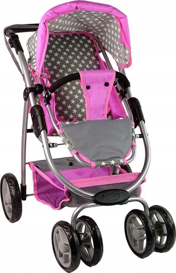 Изображение Alice Wózek Dla Lalek Spacerówka 2 w 1 Gondola Torba Róowy Gwiazdki