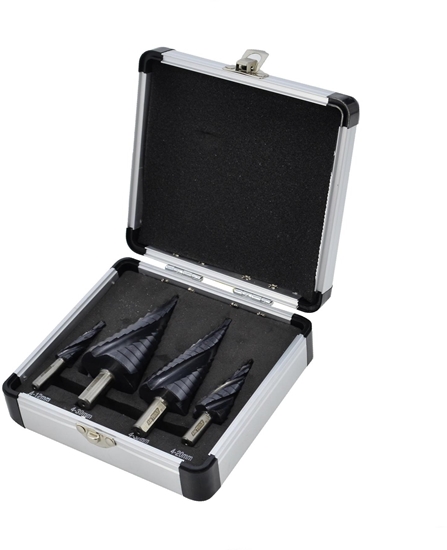 Изображение AWTOOLS WIERTO STOPNIOWE SPIRALNE M2-TiAlN / Kpl. 4 szt. / 4-12mm / 4-20mm / 4-32mm / 4-39mm /BL