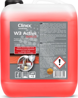 Picture of Clinex Preparat do mycia azienki ubikacji usuwa rdz kamie osady z myda CLINEX W3 Active SHIELD 5L Preparat do mycia azienki ubikacji usuwa rdz kamie osady z myda CLINEX W3 Active SHIELD 5L