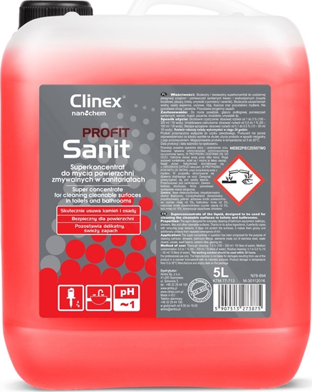 Picture of Clinex Silny koncentrat do mycia sanitariatów glazury wanien muszli pisuarów umywalek CLINEX PROFIT Sanit 5L Silny koncentrat do mycia sanitariatów glazury wanien muszli pisuarów umywalek CLINEX PROFIT Sanit 5L